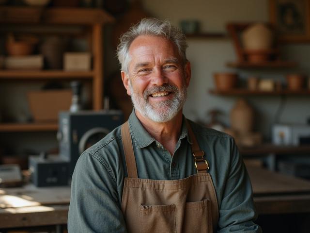 A warm professional portrait of Delbert Lee Powers in his letterpress workshop, smiling warmly amidst his equipment.