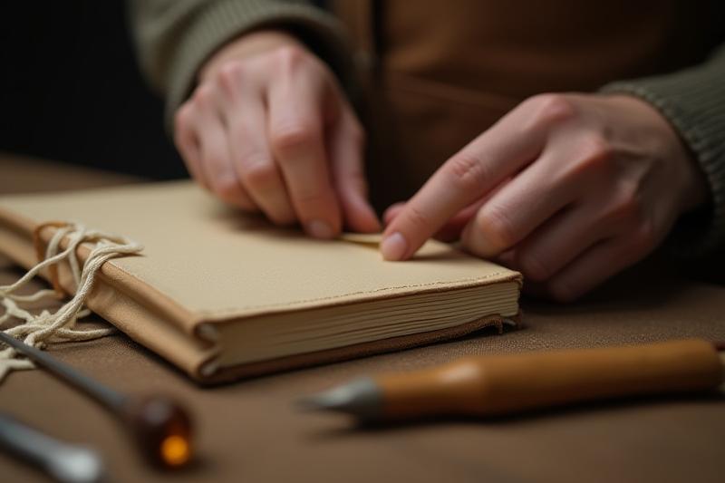 Artisan's hands meticulously stitching the spine of a hand-bound book using traditional bookbinding tools.