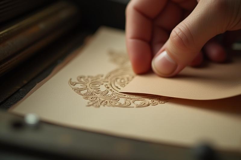 A close-up of hands operating a vintage letterpress machine, paper being fed into the press, focused on the tactile process.