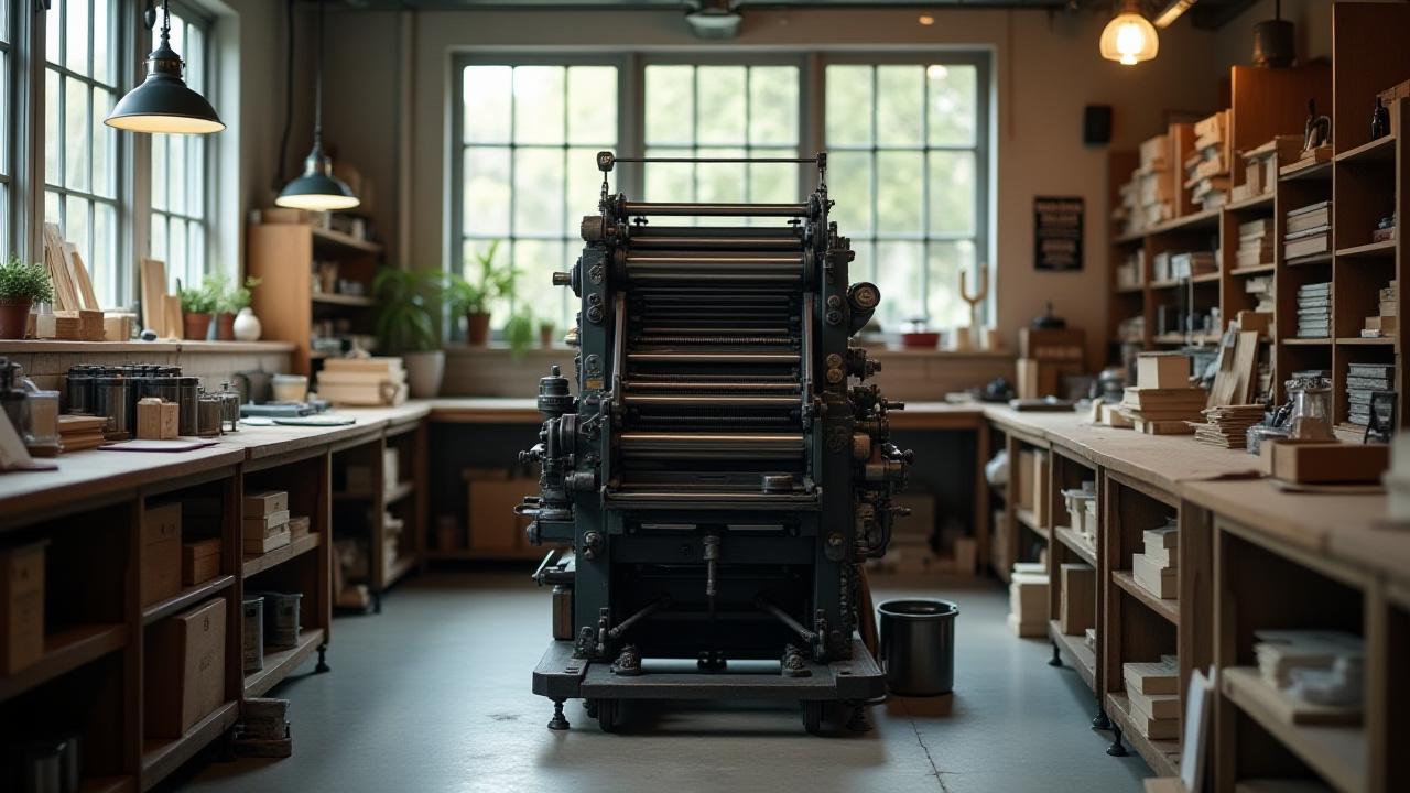 A vintage Heidelberg Windmill letterpress machine in a well-lit artisan studio, ready for printing.