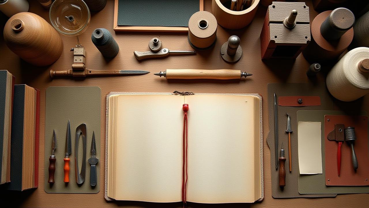 A finely organized artisan's workbench with various bookbinding tools: bone folders, awls, presses, threads, and leather scraps.