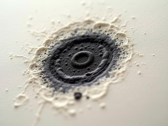 Extreme close-up of ink deeply impressed into textured cotton paper fibers