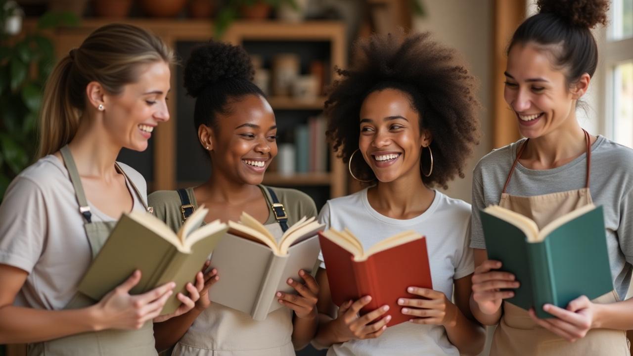 A small group of diverse, smiling students proudly displaying their newly finished hand-bound books in a cheerful group shot