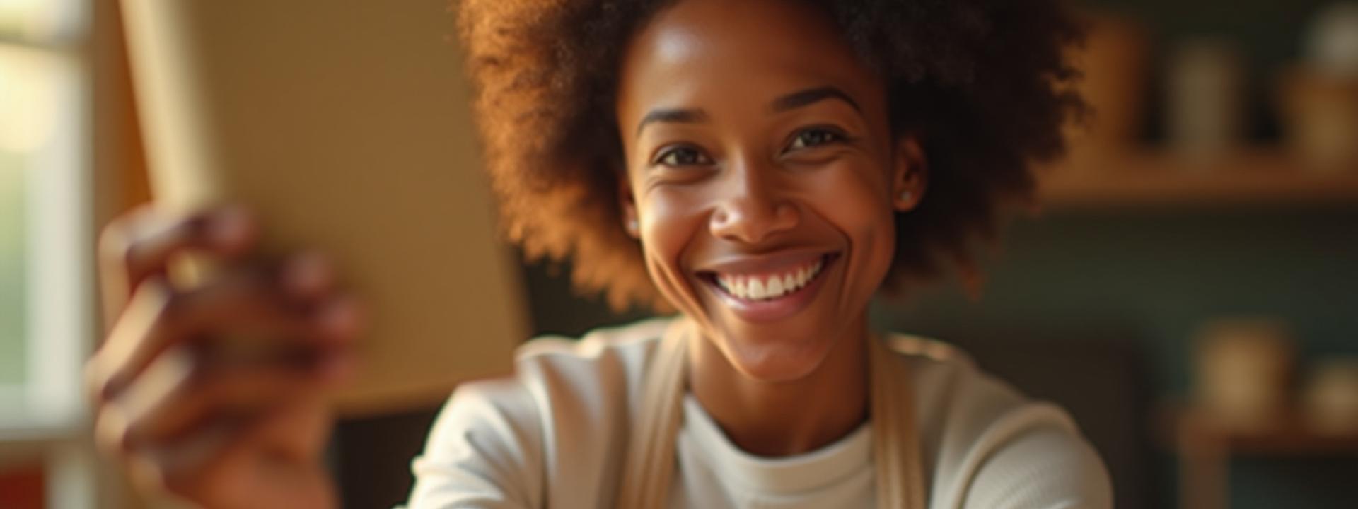 A hands-on workshop participant proudly holding up their newly created hand-bound journal, smiling warmly.