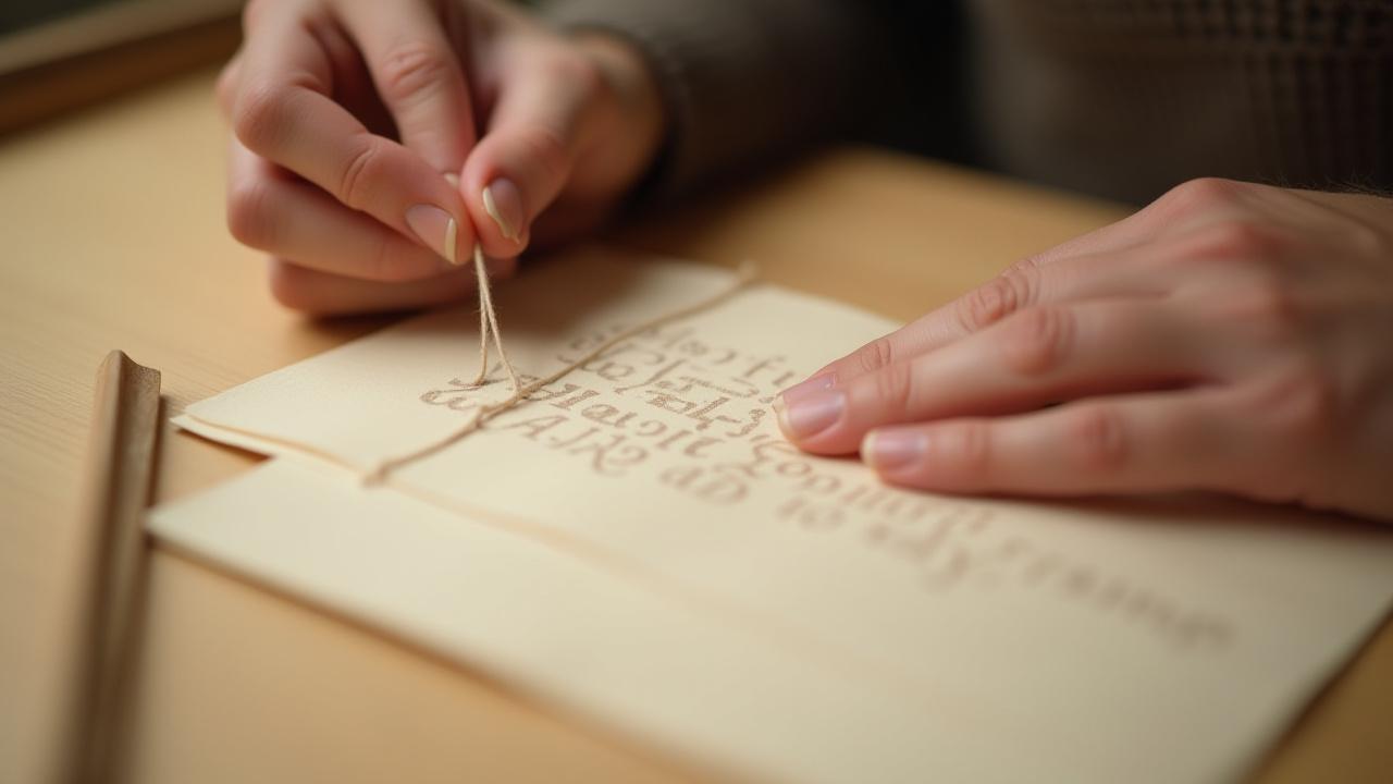 Close-up action shot of a student's hands carefully sewing a text block with needle and thread, illuminated by natural light