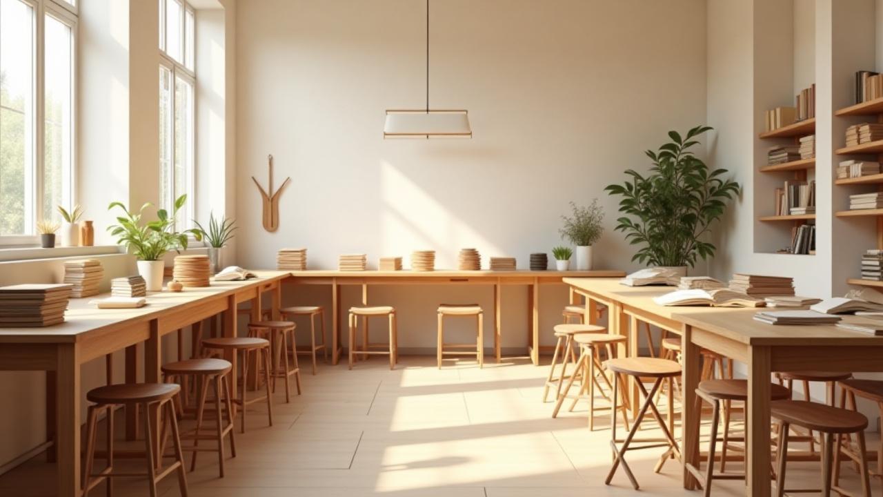 Clean and organized bookbinding workshop space, ready for students with tools and materials laid out
