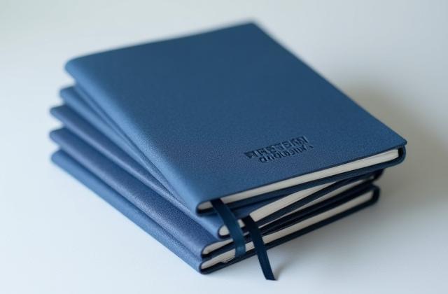 Stacked custom branded notebooks for a corporate retreat
