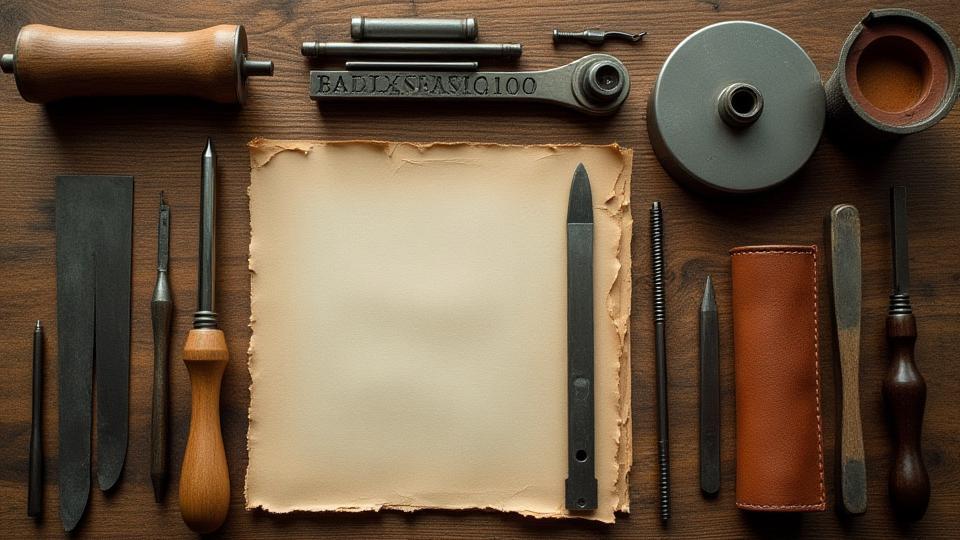 A collection of traditional bookbinding and letterpress tools neatly arranged on a wooden workbench.