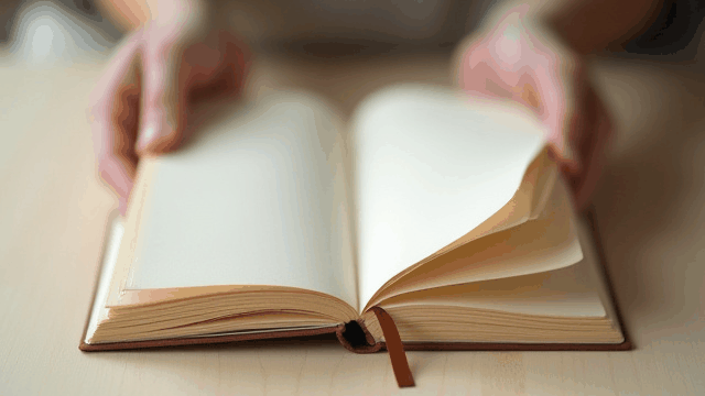 Animated GIF showing a hand-bound journal laying perfectly flat, open to a blank page.