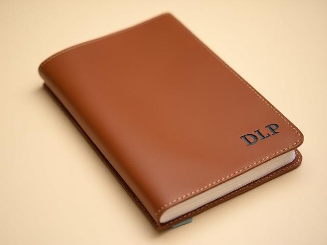 A custom hand-bound leather notebook, debossed with initials, reflecting user's design choices.