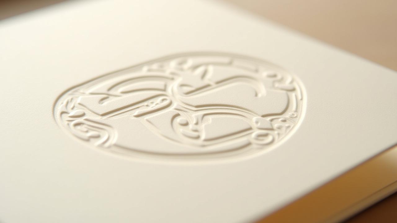 Extreme close-up of a blind debossing on a thick, creamy cotton paper card, showing the deep, subtle impression of elegant typography without ink.