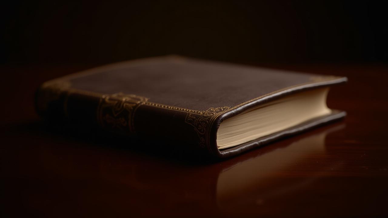A beautifully hand-bound dark leather journal lying open on a wooden desk, showcasing intricate gold tooling and thick, aged paper. Soft, directional light highlights the texture.