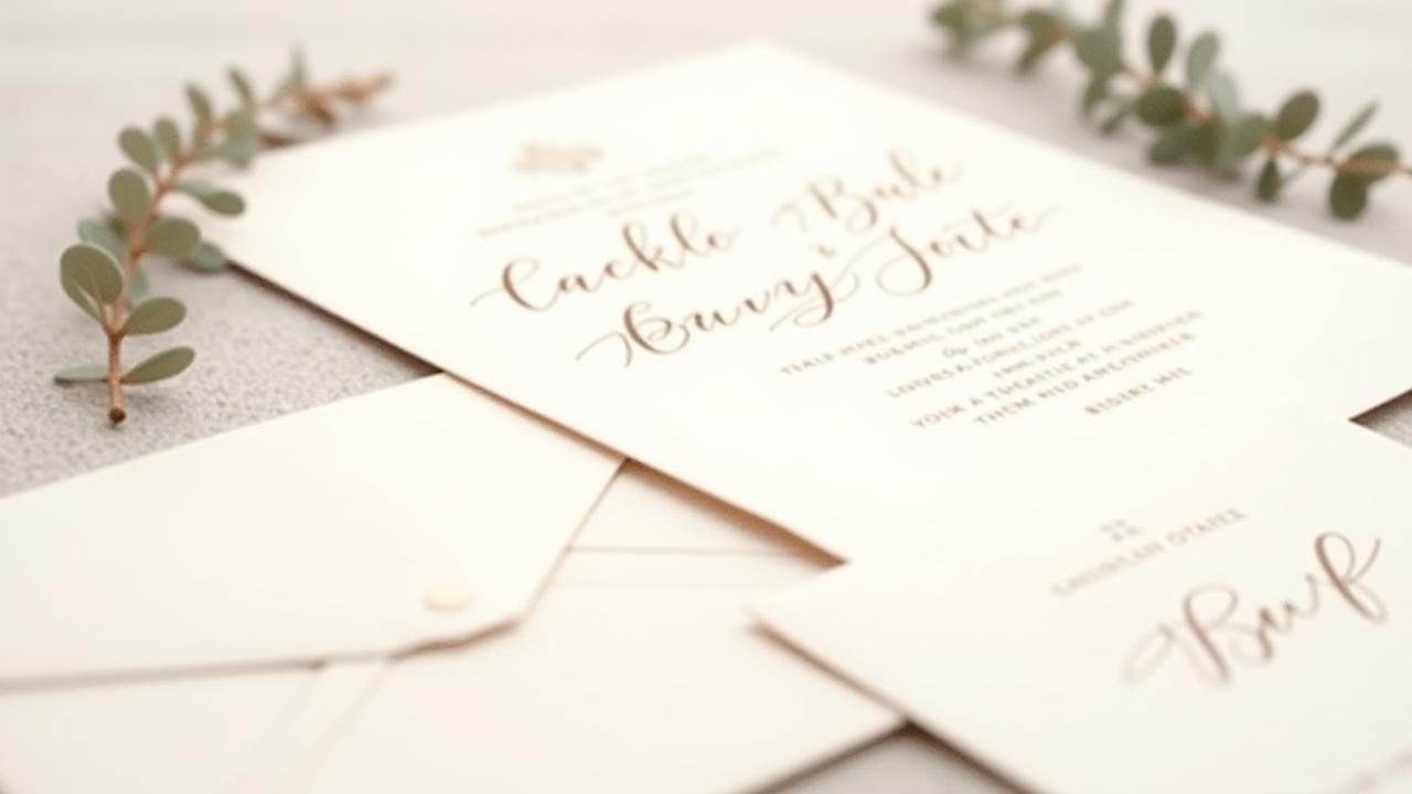 A meticulously arranged suite of letterpress wedding invitations, RSVP cards, and envelopes, all on thick cotton paper with a subtle floral motif and dark brown ink.