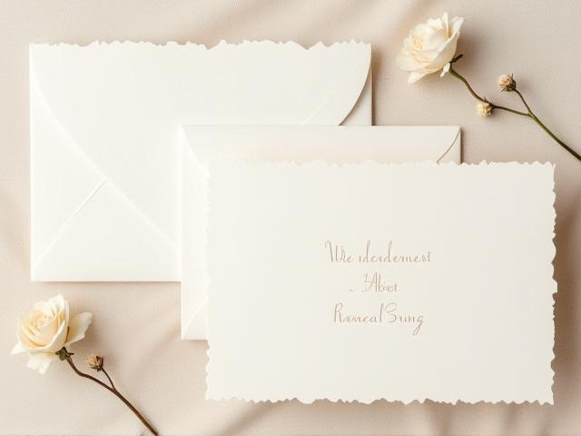 A flat lay of custom letterpress wedding invitations, RSVP cards, and envelopes, featuring elegant typography and blind debossing.