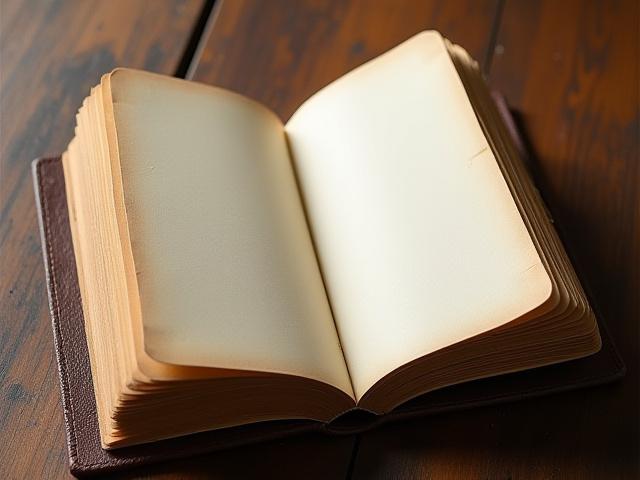 An open, hand-bound leather journal with blank archival paper, handcrafted with intricate stitching and tooling.