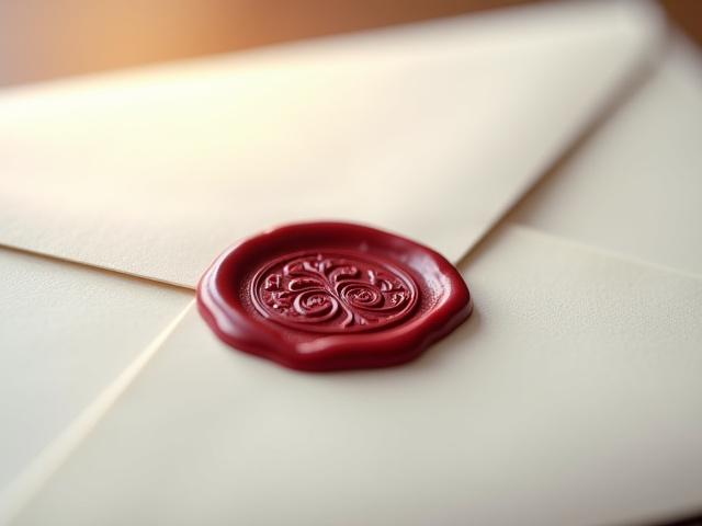 Custom wax seal with intricate monogram on a wedding invitation